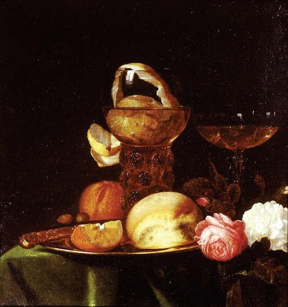 simon luttichuys Still Life with Fruit and Roses a.k.a. Still-Life with a Peeled Lemon in a Roemer. Germany oil painting art